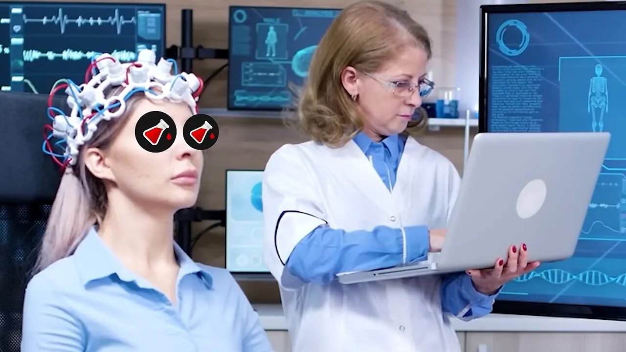Laboratory-style testing scene with a subject wearing EEG cap and a researcher working on a laptop