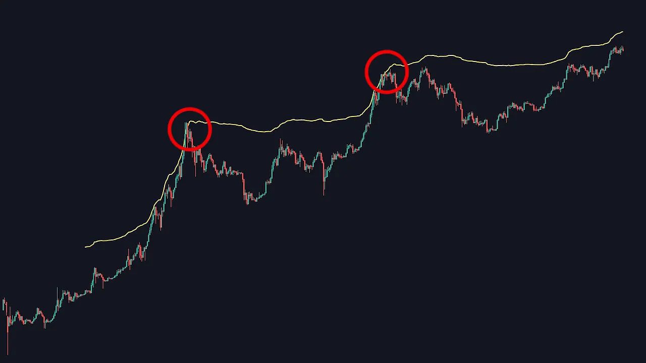 Bitcoin chart showing a yellow Cycle Master terminal line with red circles marking past terminal peaks