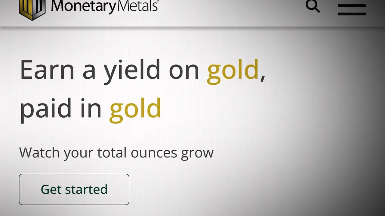 website screenshot reading 'Earn a yield on gold, paid in gold' with a 'Get started' call to action