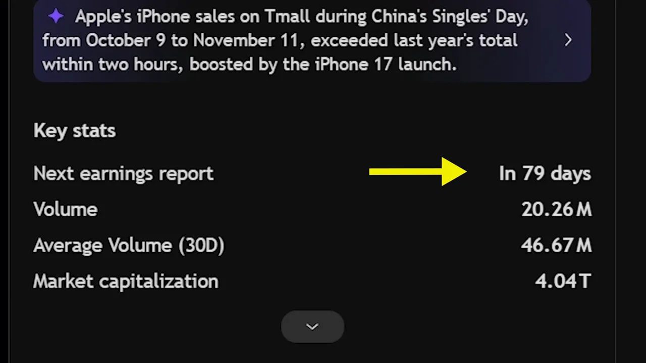 Close-up of TradingView 'Key stats' showing 'Next earnings report — In 79 days', Volume 20.26M, Average Volume (30D) 46.67M and Market capitalization 4.04T.