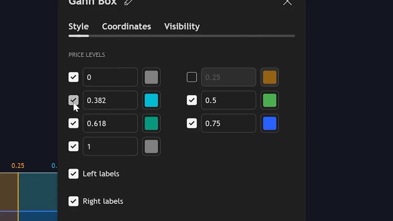 GAM Box settings panel showing price level checkboxes and 'Left labels' / 'Right labels' options