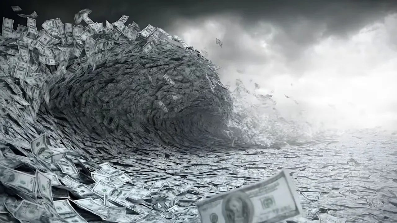 illustration of a massive ocean wave made from US dollar bills representing liquidity flows