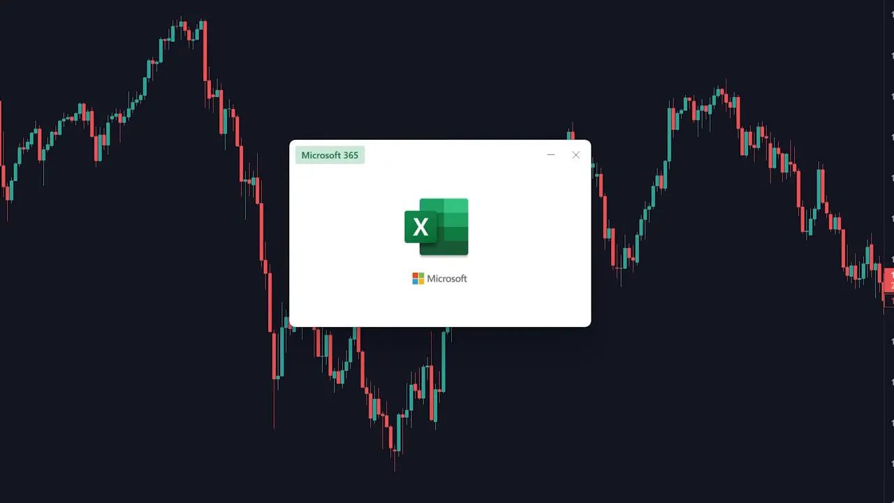 Candlestick price chart with a Microsoft Excel splash window, representing logging trades into a spreadsheet.