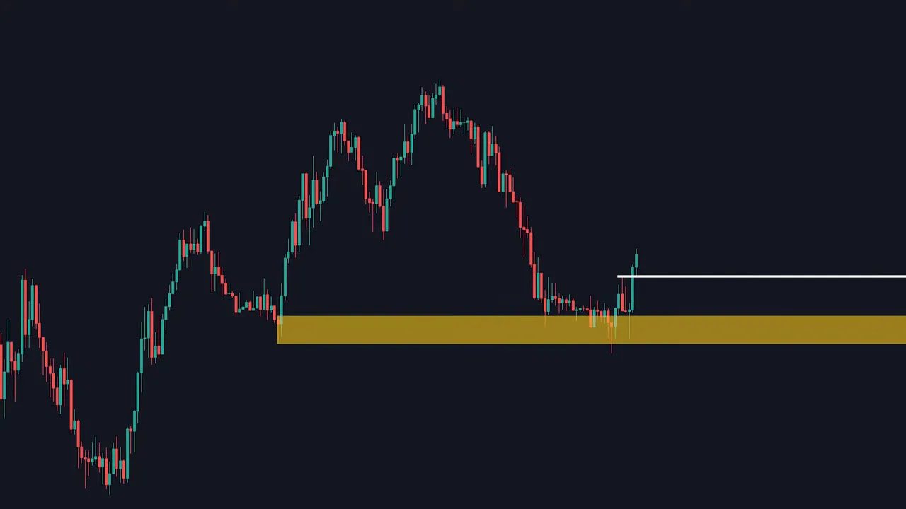 candlestick chart showing bullish candles breaking above a marked order block with a confirmation horizontal line
