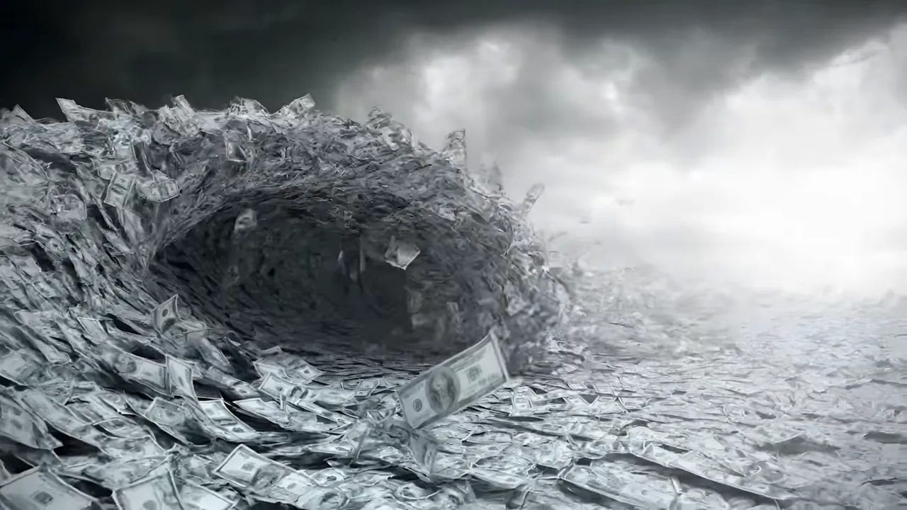 Stylized wave made of U.S. dollar bills sweeping across a stormy seascape, representing a flood of liquidity