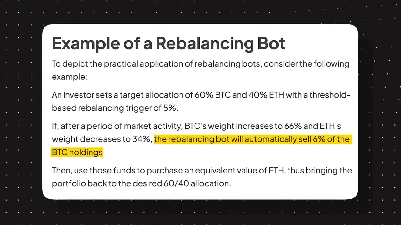slide titled 'Example of a Rebalancing Bot' with highlighted text about selling 6% of BTC holdings to rebalance