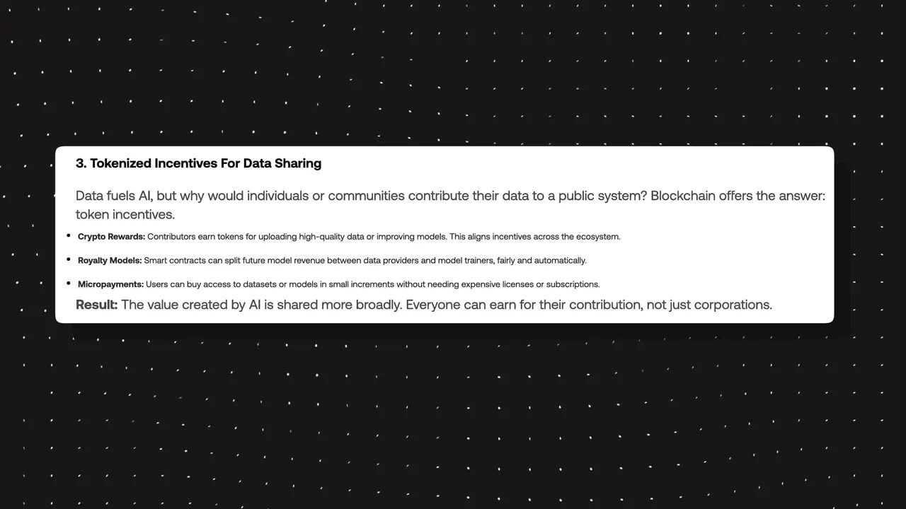 White info card on dark background titled 'Tokenized Incentives For Data Sharing' listing crypto rewards, royalty models, and micropayments