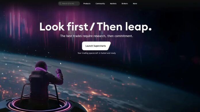 tradingview-launch-supercharts-homepage TradingView homepage showing a 'Launch Supercharts' button over a space-themed background