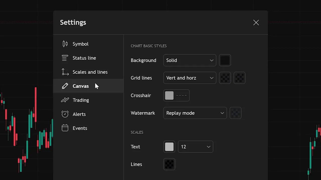 TradingView Settings dialog with Canvas tab showing background and grid line options