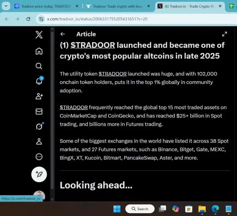 Webpage screenshot of an X article describing Tradoor's adoption and exchange listings; presenter visible in a corner window.
