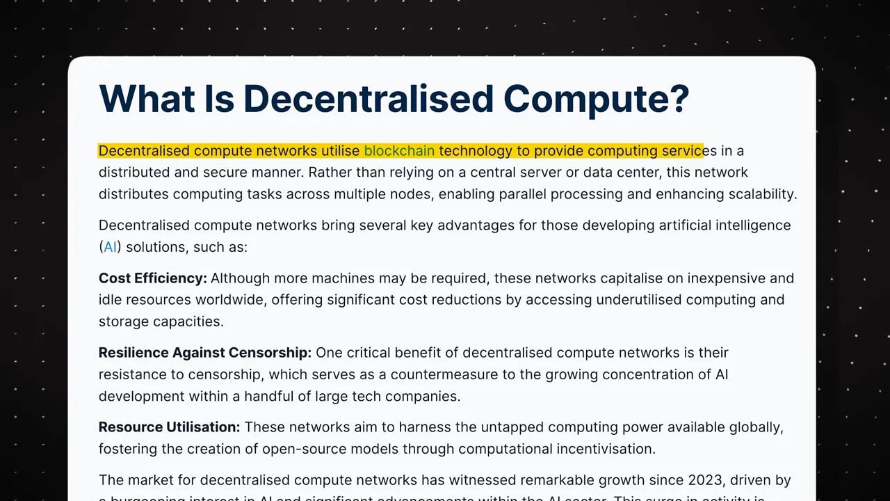 Clear slide titled 'What Is Decentralised Compute?' with a definition and listed advantages
