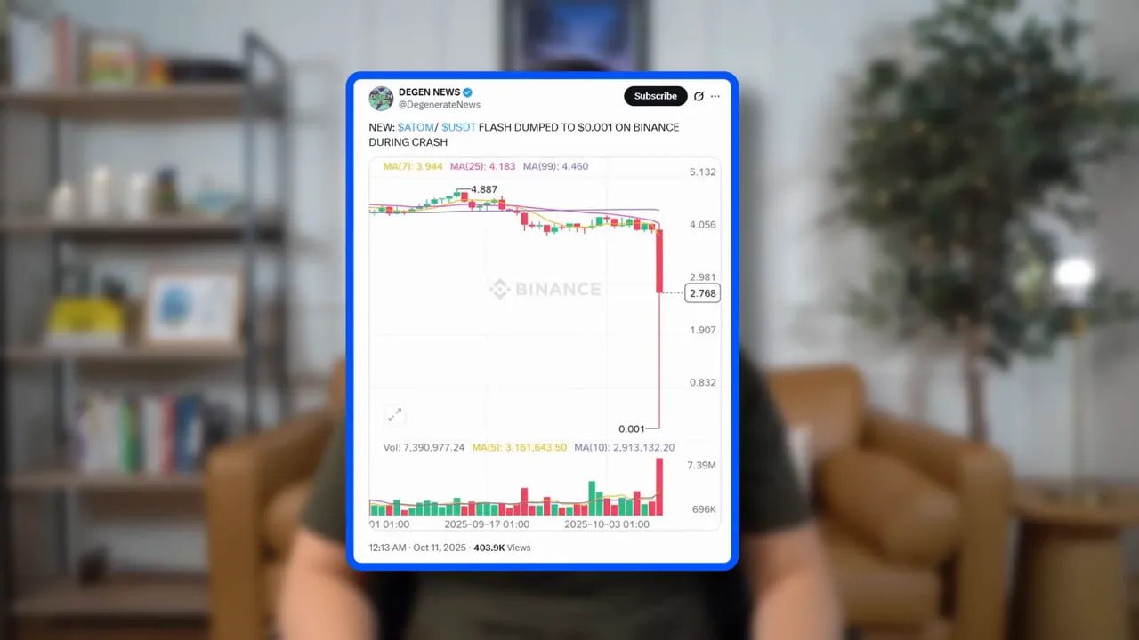 Screenshot of a trading chart showing an extreme red candlestick and a flash dump to near zero on Binance.