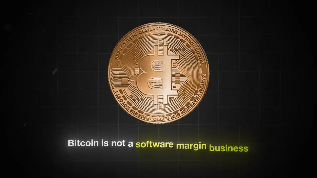 Rendered gold Bitcoin coin above the text 'Bitcoin is not a software margin business' on a dark grid background.