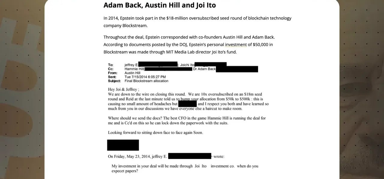 Clear screenshot of a slide titled 'Adam Back, Austin Hill and Joi Ito' containing a redacted email and a CoinBureau/DOJ citation about Epstein's Blockstream investment.