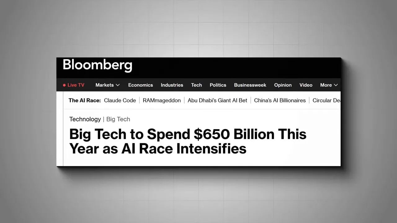 Bloomberg headline: 'Big Tech to Spend $650 Billion This Year as AI Race Intensifies' on a gray background