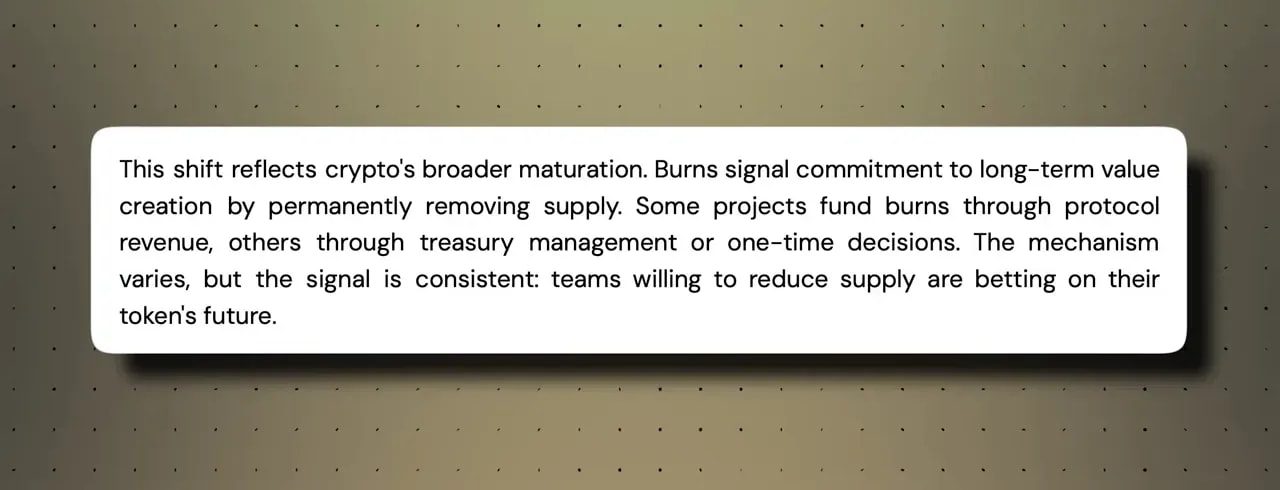 Slide text describing how burns reflect crypto maturation and remove supply