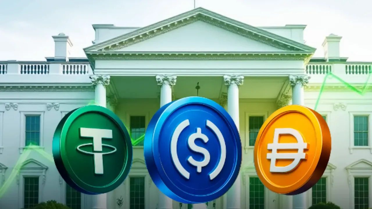 White House with stablecoin tokens in front representing regulatory risk to yields