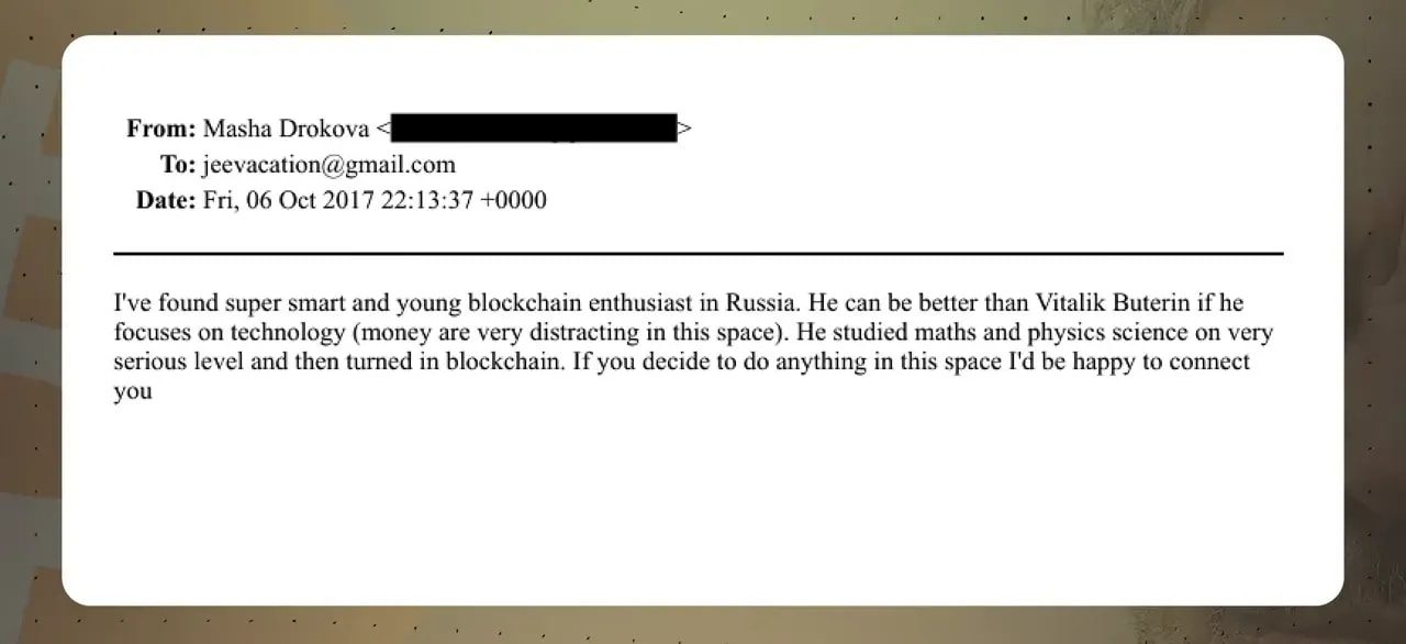 Clear screenshot of an email recommending a promising Russian blockchain developer