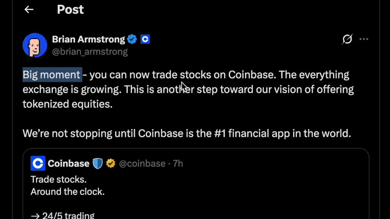 X post announcing Coinbase stock trading and referencing 24/5 trading and tokenized equities.