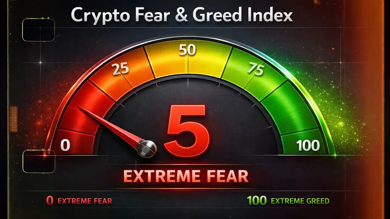 Crypto Fear & Greed Index gauge showing a reading of 5 labeled 'Extreme Fear' with red-to-green arc.