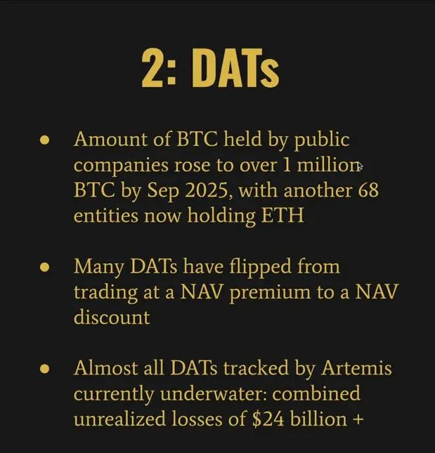 Presenter beside a clear slide labeled '2: DATs' with bullet points on companies' BTC holdings and NAV discounts.