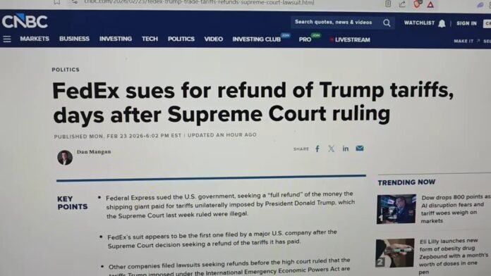 Clear screenshot of a CNBC article headline: 'FedEx sues for refund of Trump tariffs, days after Supreme Court ruling' with summary points and trending sidebar visible.
