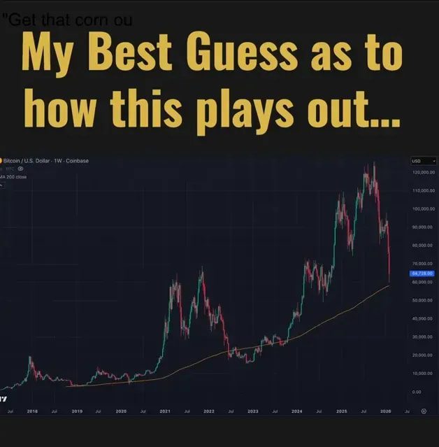 Presenter calmly beside a Bitcoin weekly price chart clearly showing the recent sell-off and the 200-week moving average