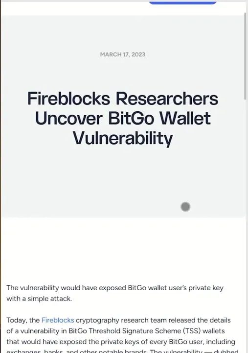 Presenter at desk next to a larger view of a Fireblocks article titled 'Fireblocks Researchers Uncover BitGo Wallet Vulnerability' with article text visible below.