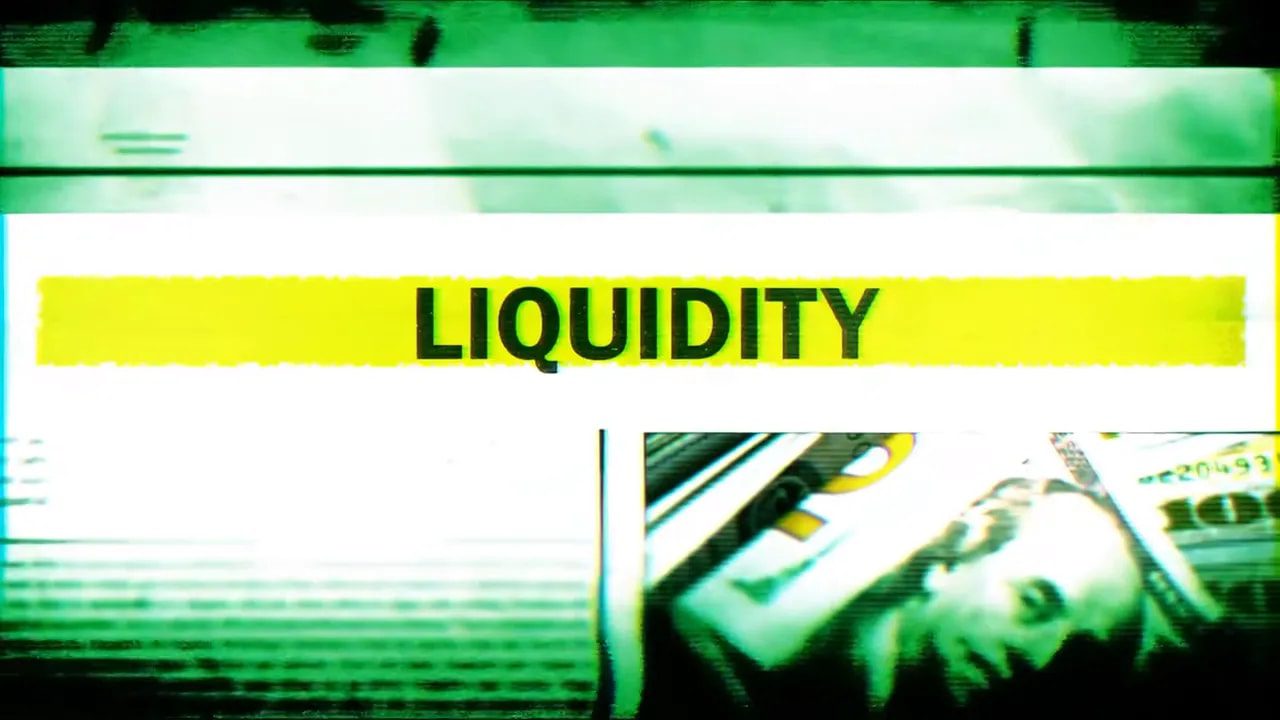 Bold graphic slide with the word 'LIQUIDITY' overlaid on US dollar imagery, high contrast green styling.