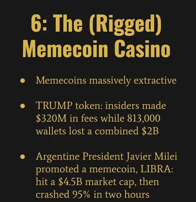 High-quality image of slide '6: The (Rigged) Memecoin Casino' with legible bullets about memecoins being extractive, TRUMP token fees, and a LIBRA crash; presenter at left looking toward camera.