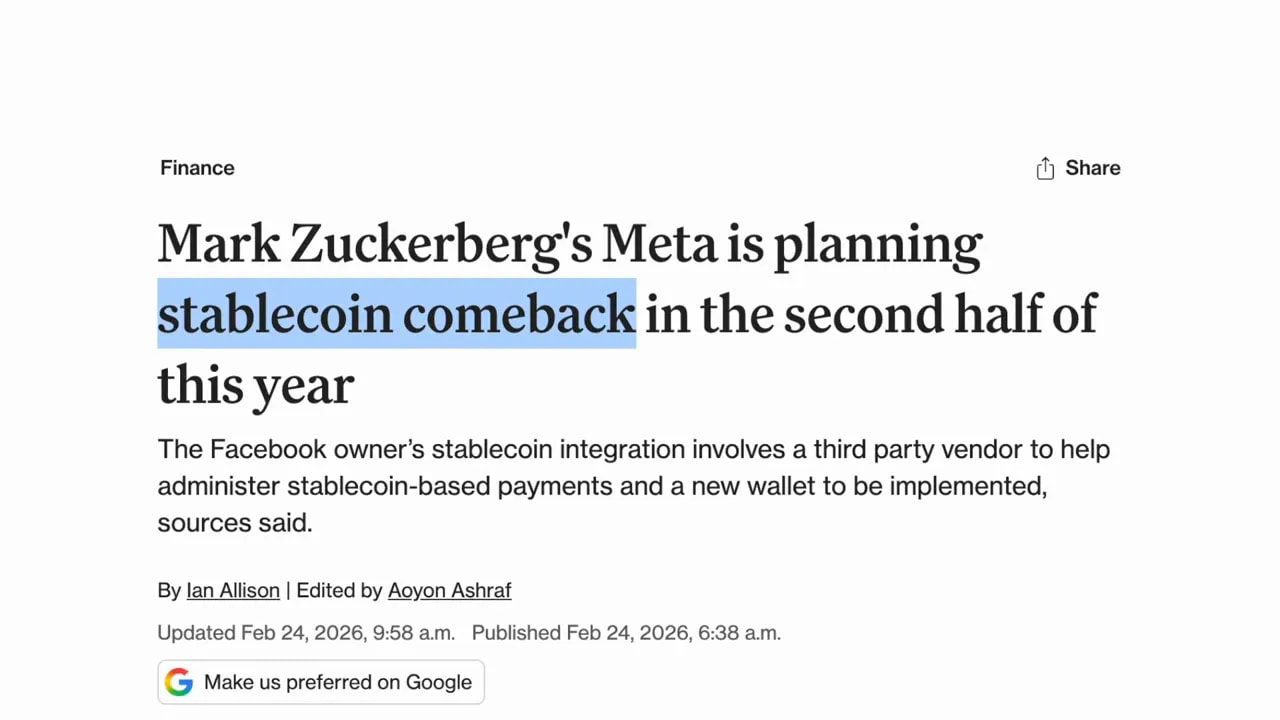 Cropped CoinDesk headline reading that Meta is planning a stablecoin comeback, shown clearly on a white background.