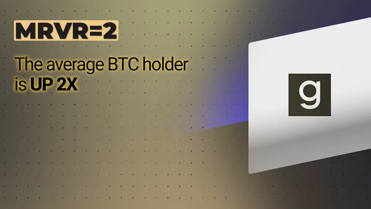 Slide reading 'M R V R = 2 — The average BTC holder is UP 2X' with Coin Bureau/Glassnode styling.