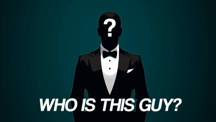 no-limit-anonymous-silhouette Stylized silhouette in a tuxedo with a question mark over the face and large text 'WHO IS THIS GUY?'