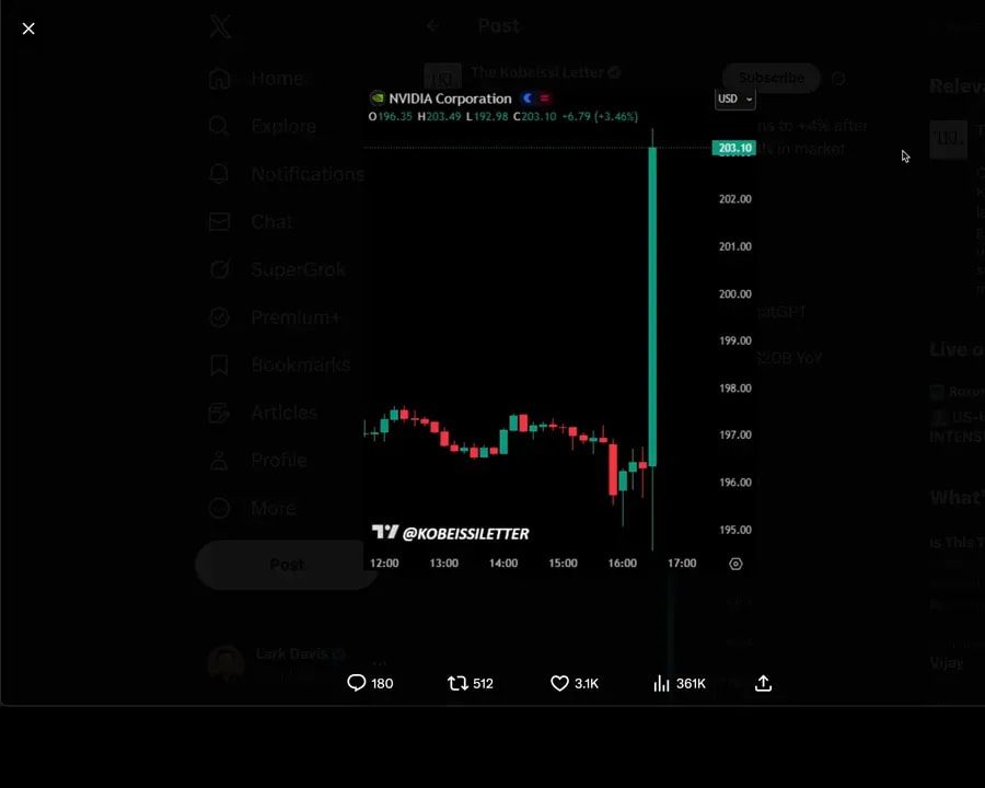 Clear screenshot of NVIDIA Corporation intraday candlestick chart with a large vertical green spike and a presenter thumbnail overlay on the right.