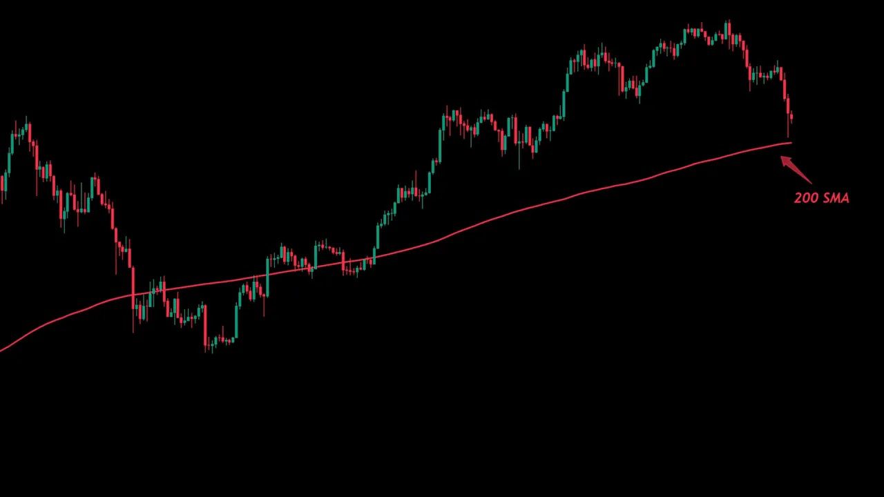 Bitcoin candlestick chart showing price approaching the 200 SMA with an annotated arrow