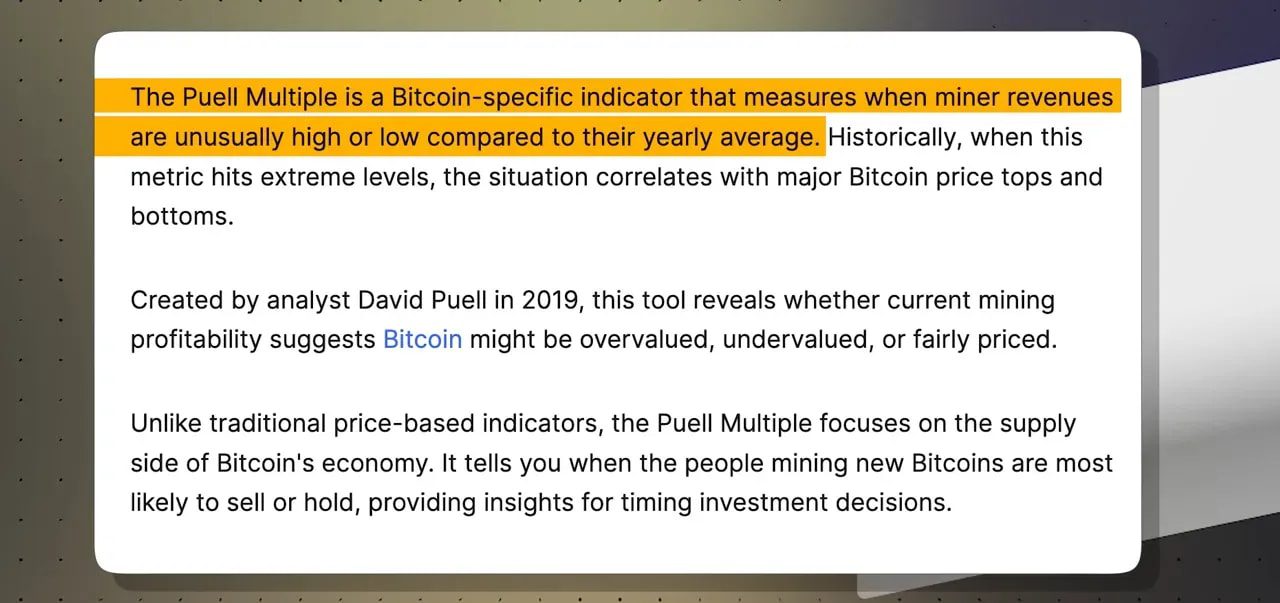 Clear slide defining the Puell Multiple and its use for assessing miner profitability