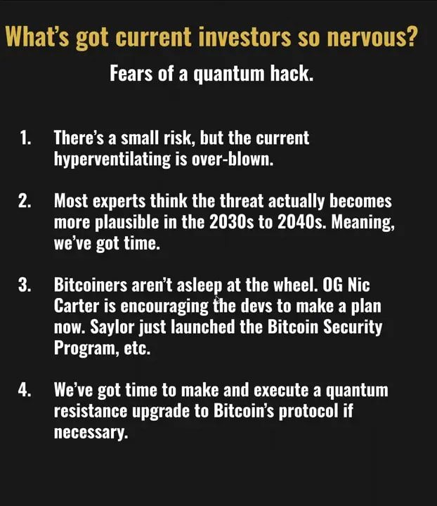 Clear view of slide titled 'What's got current investors so nervous? Fears of a quantum hack.' with four numbered bullets and a presenter on the left.