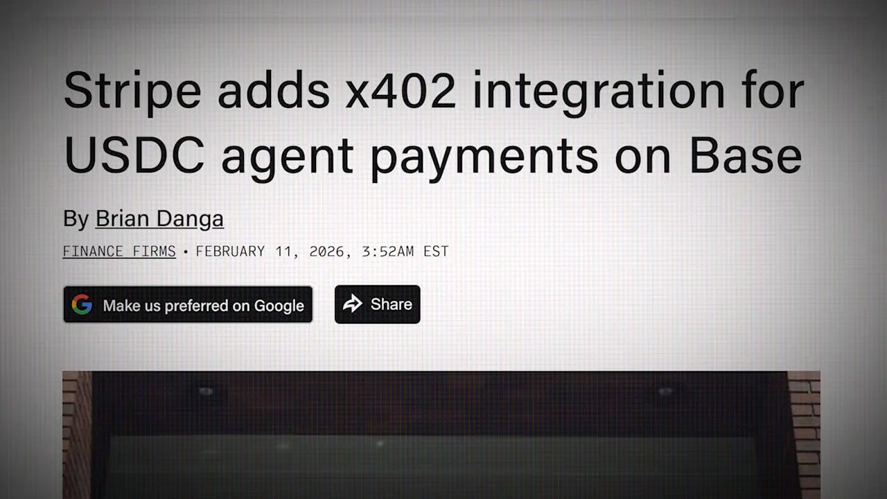 Clear headline image: 'Stripe adds x402 integration for USDC agent payments on Base' from a news webpage, easily readable.