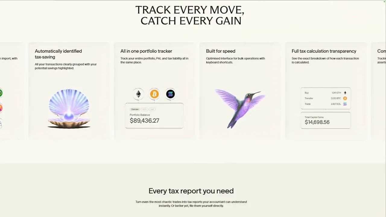 Website screenshot with headline 'TRACK EVERY MOVE, CATCH EVERY GAIN' and panels about tax-saving, portfolio tracker, speed and full tax calculation transparency