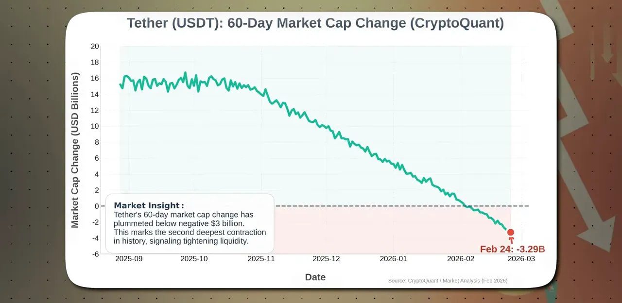 Chart: Tether (USDT) 60-day market cap change showing steady decline to -3.29 billion USD with annotation for Feb 24.