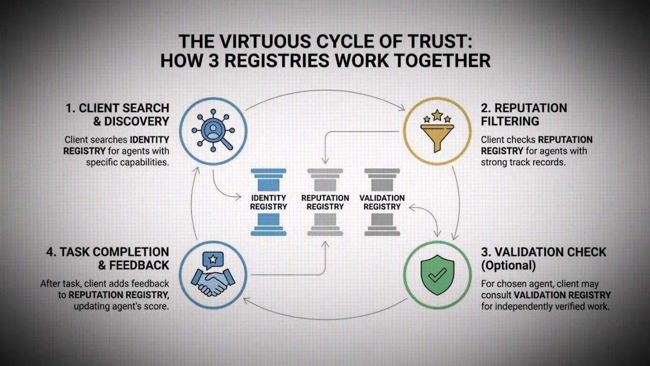 High-contrast slide titled 'The Virtuous Cycle of Trust' illustrating identity, reputation and validation registries and the four-step flow