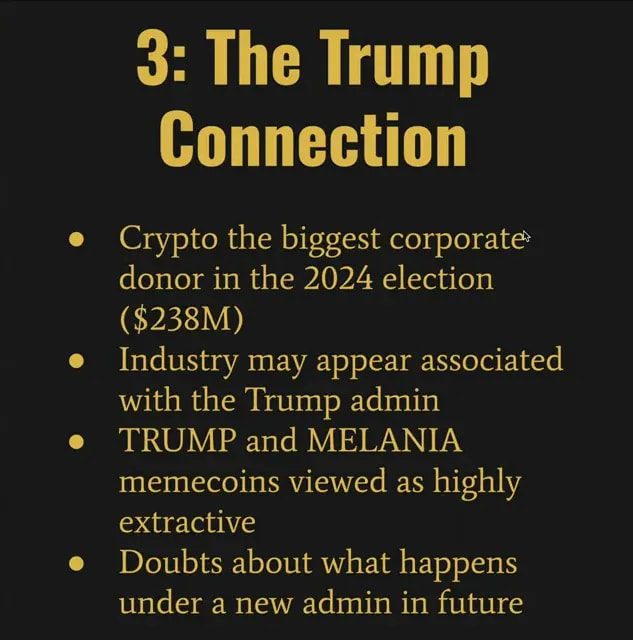 Well-framed presenter with slide titled '3: The Trump Connection' showing bullet points on memecoins and industry association