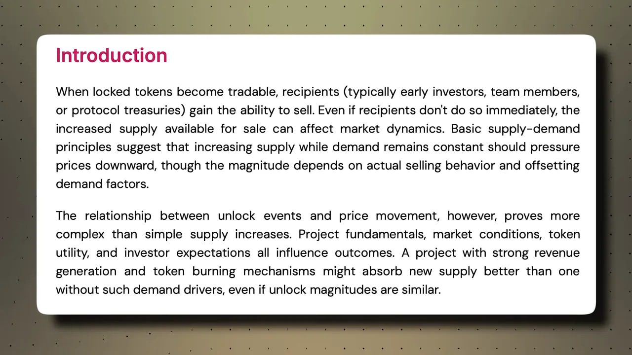 Clear presentation slide titled 'Introduction' describing how unlock events increase supply and influence price movement