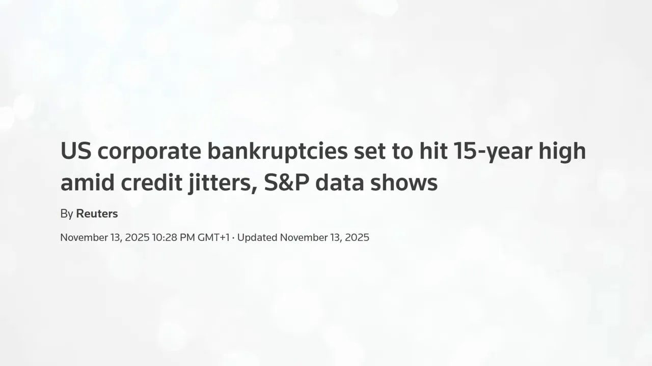 News headline reading 'US corporate bankruptcies set to hit 15-year high amid credit jitters, S&P data shows'