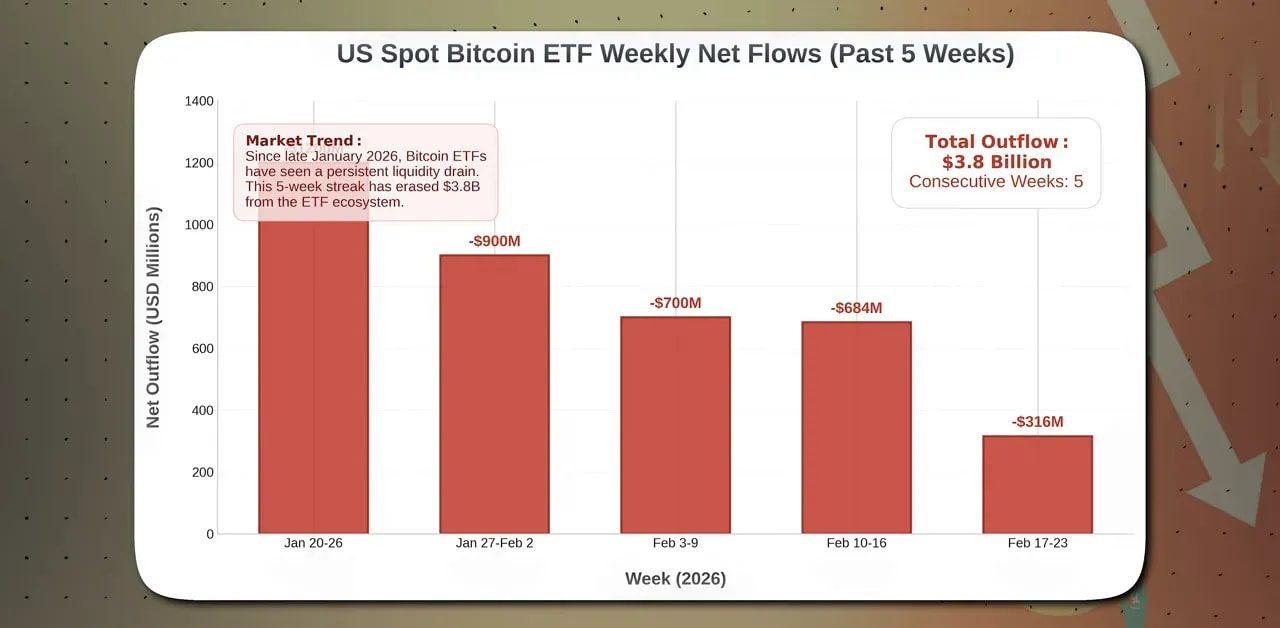 Bar chart titled 'US Spot Bitcoin ETF Weekly Net Flows (Past 5 Weeks)' showing red bars for Jan 20–Feb 23 and a total outflow of $3.8B.