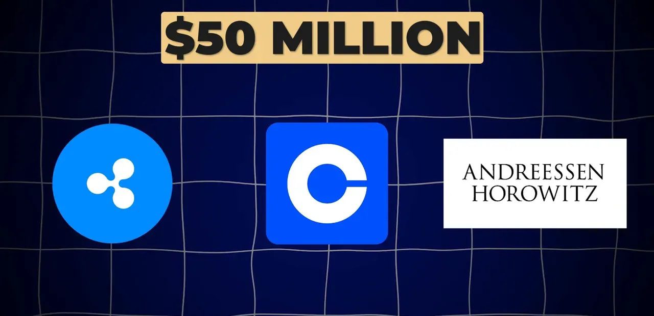 $50 million banner above logos for Ripple, Coinbase and Andreessen Horowitz on a dark blue grid background