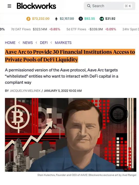 Blockworks article headline 'Aave Arc to Provide 30 Financial Institutions Access to Private Pools of DeFi Liquidity' beside presenter