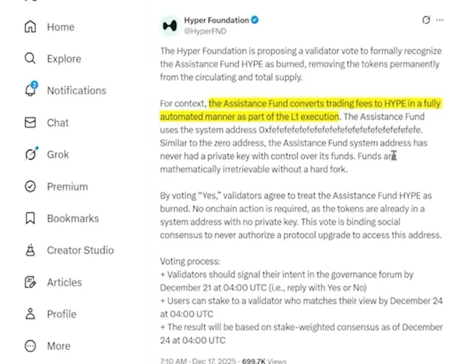 Screenshot of a social post explaining the Assistance Fund converts trading fees to HYPE, highlighted text and presenter inset