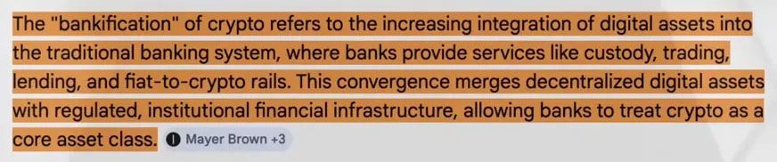 Head-and-shoulders presenter with a highlighted paragraph across the lower third describing the bankification of crypto.