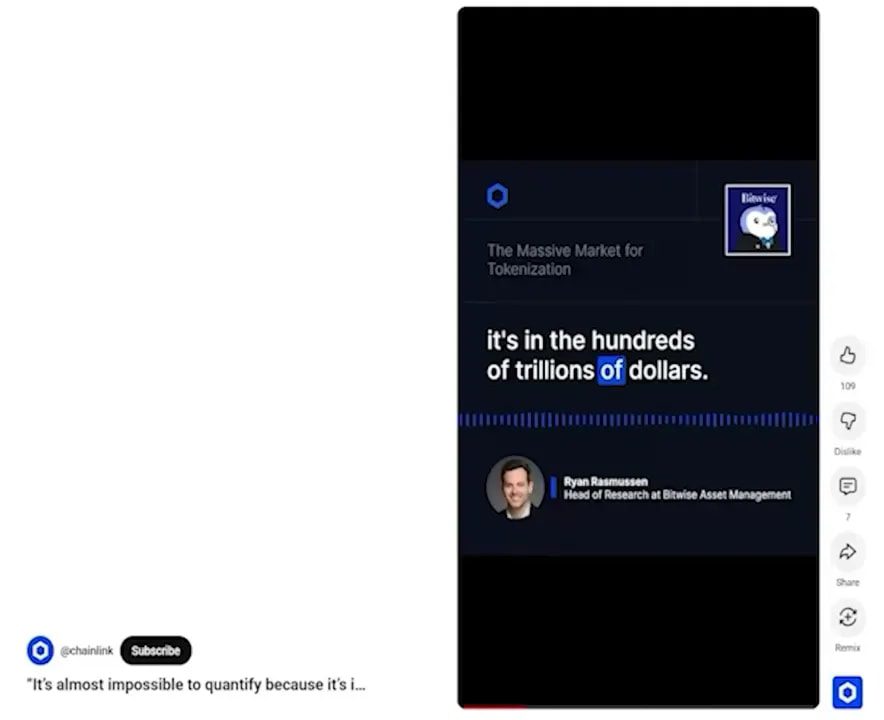 Screenshot from a Chainlink interview clip showing the text 'it's in the hundreds of trillions of dollars.' with the presenter inset — clear quote supporting the article text.